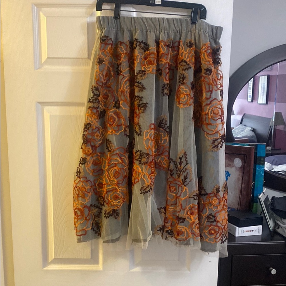 Floral Embroidered Skirt - Gray and Orange and Brown